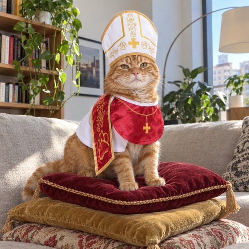 Orange tabby cat in the Pope costume on a throne of cushions