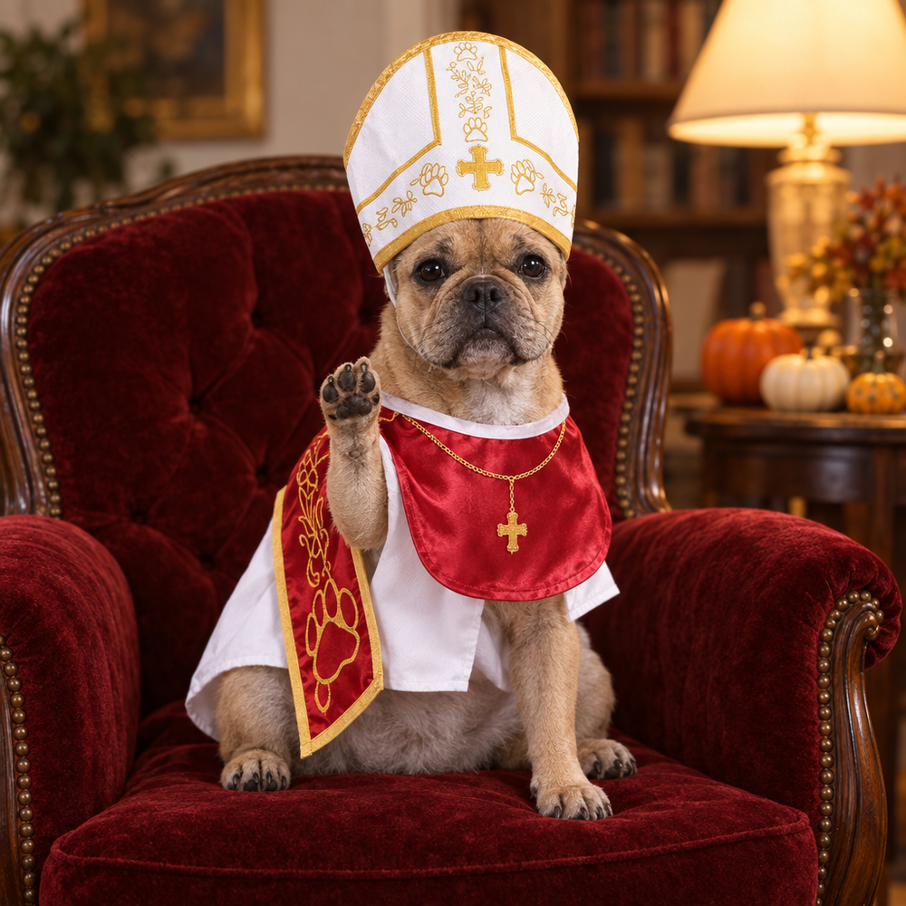 French bulldog in the Pope costume giving a blessing on a red velvet armchair