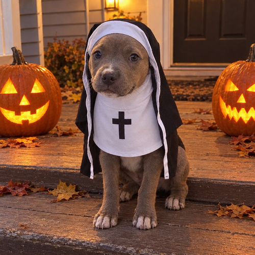 Pit bull puppy in the Nun costume on a Halloween porch