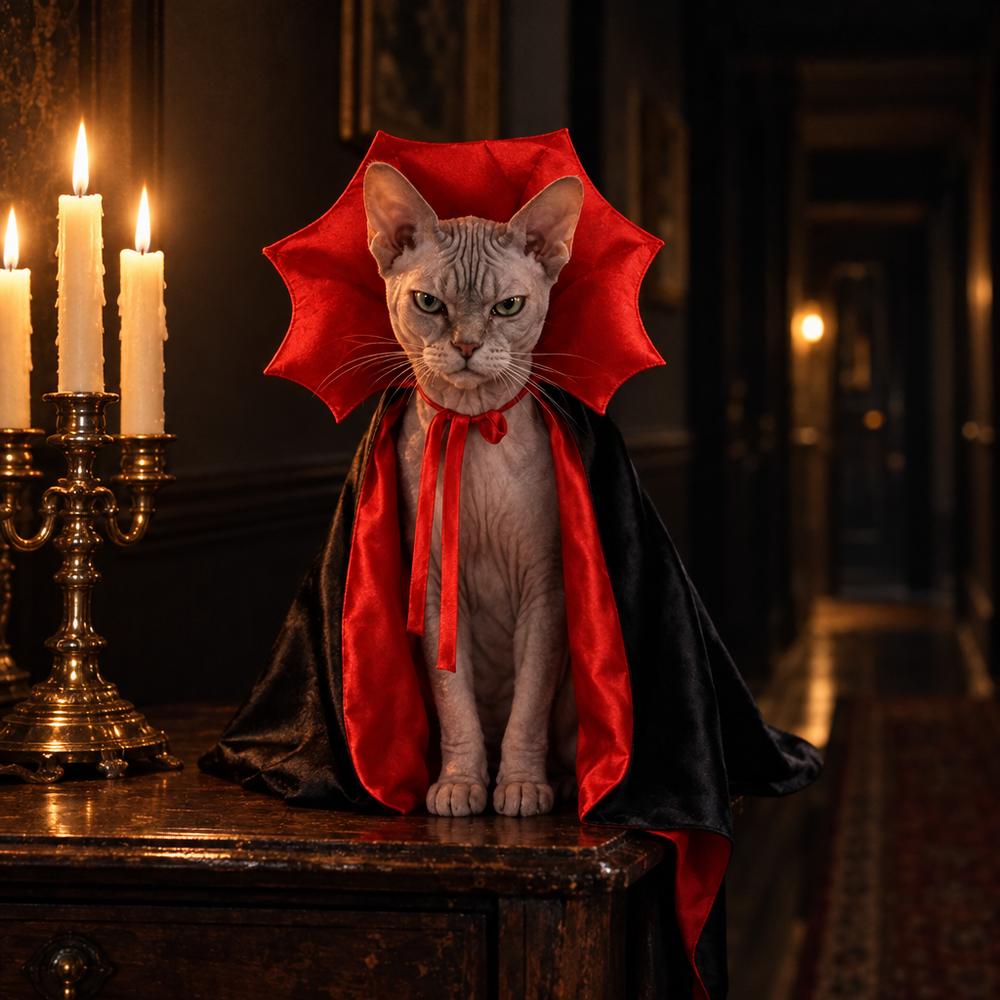 Sphynx cat in the Dracula costume by candlelight