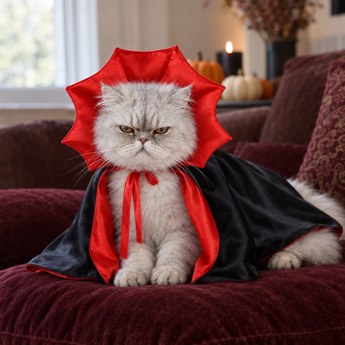 Grumpy Persian cat in the Dracula costume on a velvet cushion