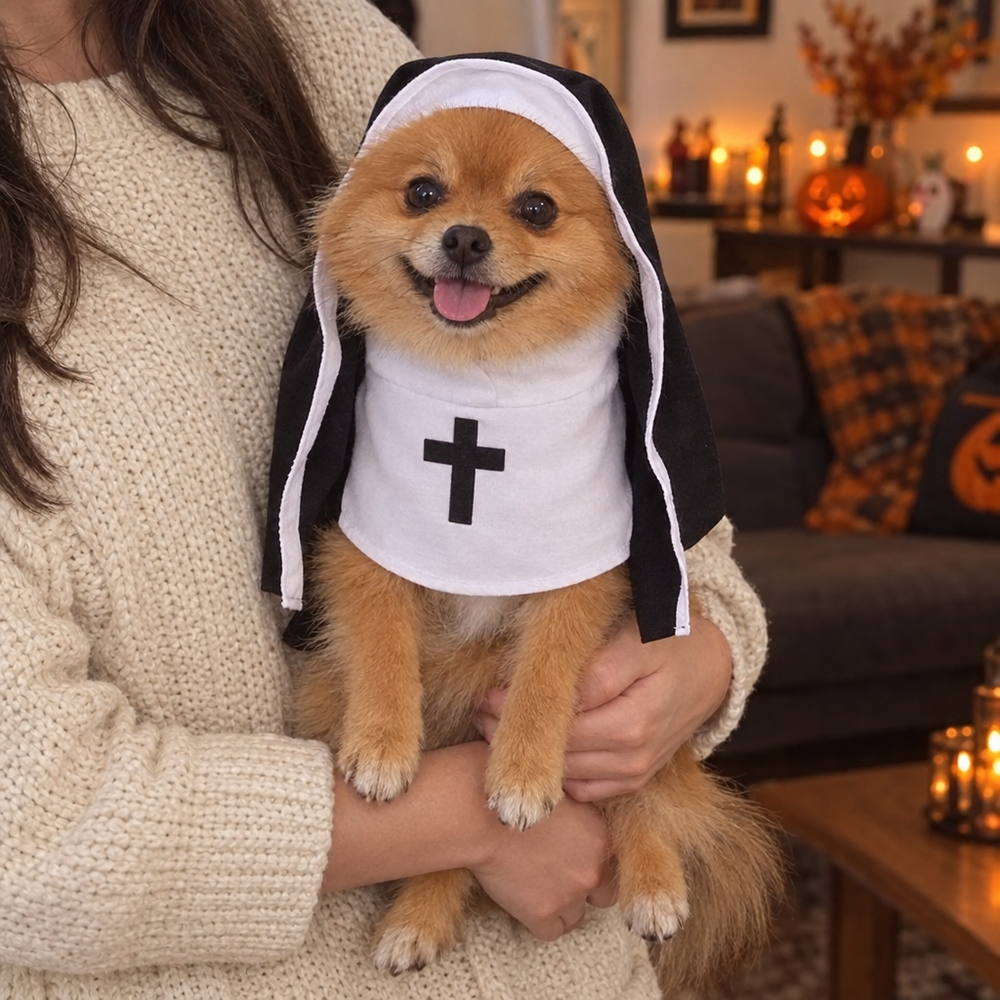 Pomeranian in the Nun costume held by its owner