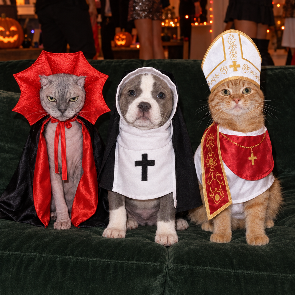 Sphynx cat as Dracula, pit bull puppy as the Nun and orange tabby cat as the Pope - Saints & Sinners pet costumes