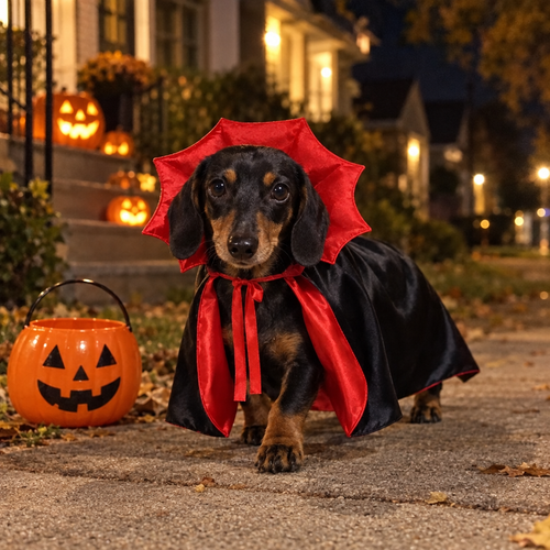 Miniature dachshund in the Dracula costume trick-or-treating