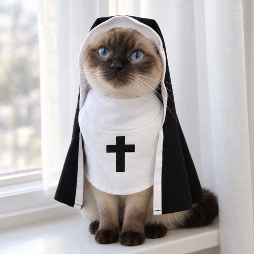Siamese cat in the Nun costume by the window