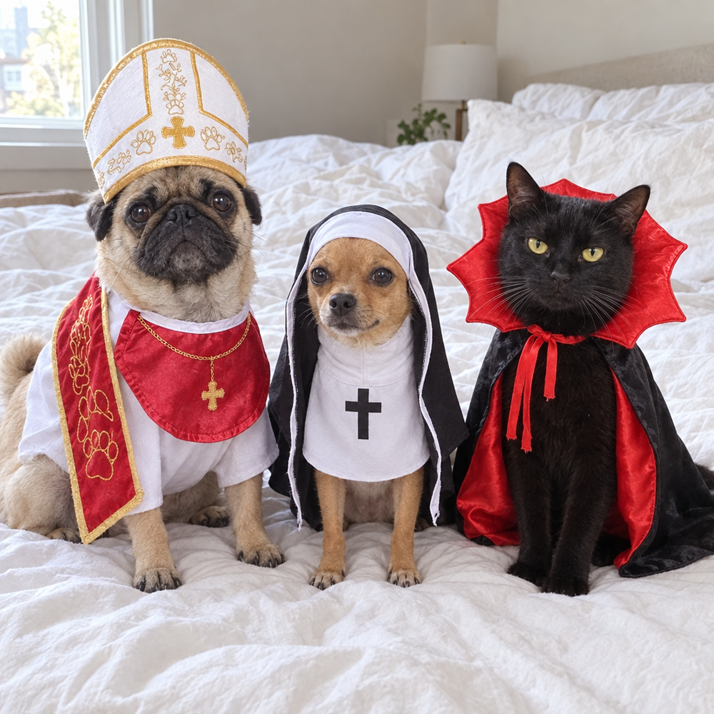 Pug as the Pope, chihuahua as the Nun and black cat as Dracula on a bed