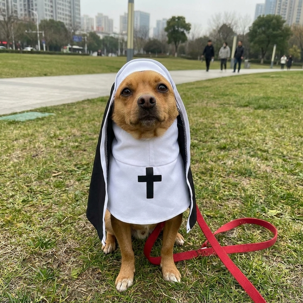 Small tan dog in the Nun costume in the park