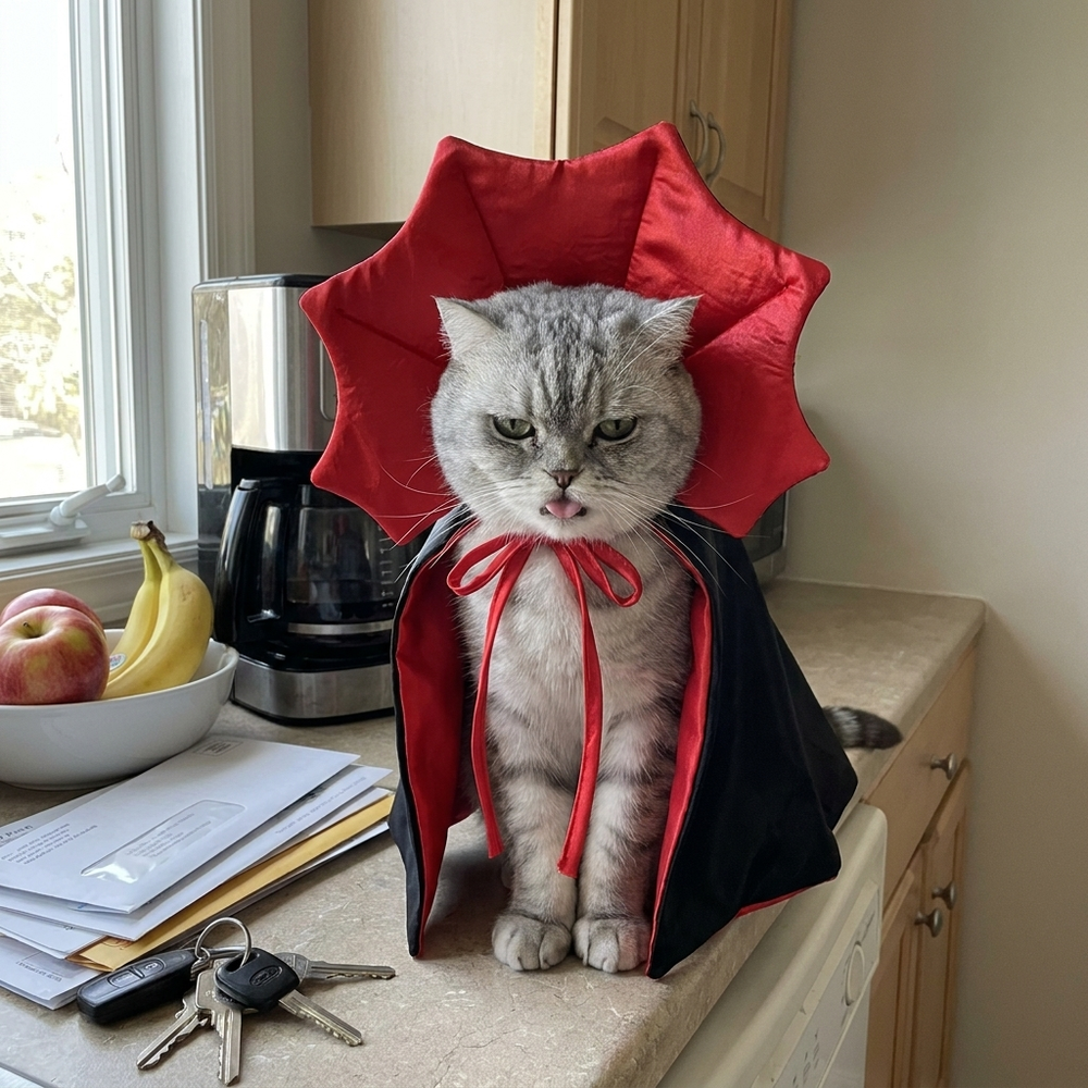 Grey British shorthair cat in the Dracula costume on a kitchen counter