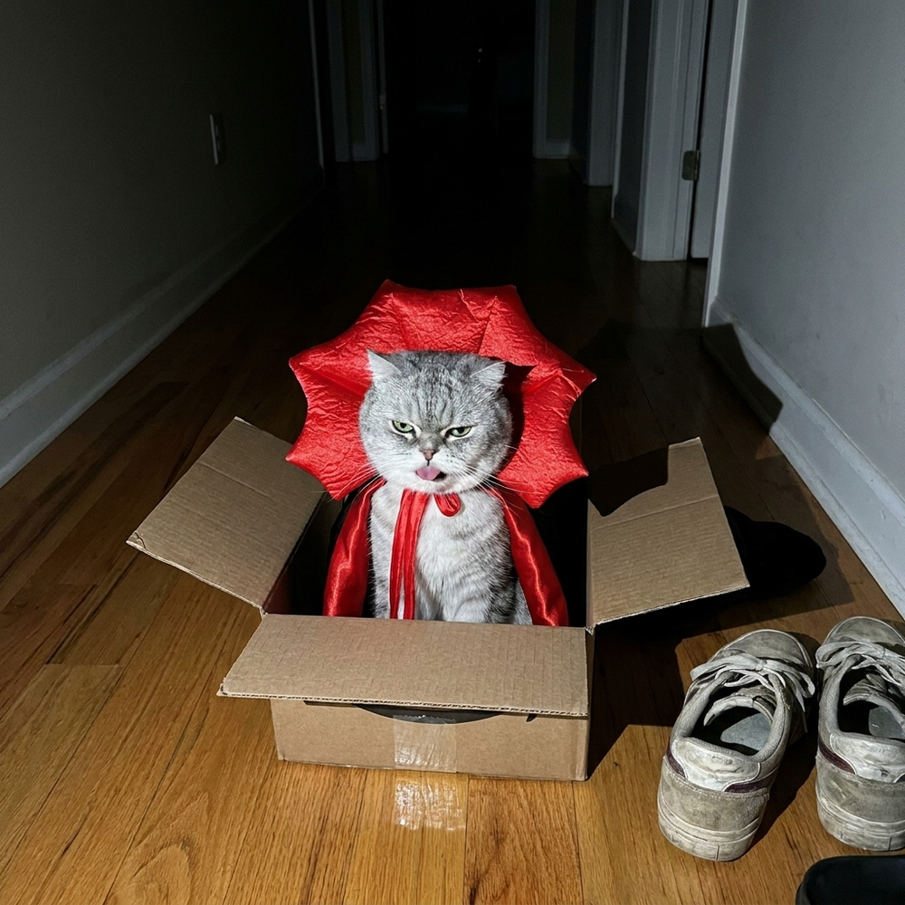 Grey cat in the Dracula costume sitting in a cardboard box