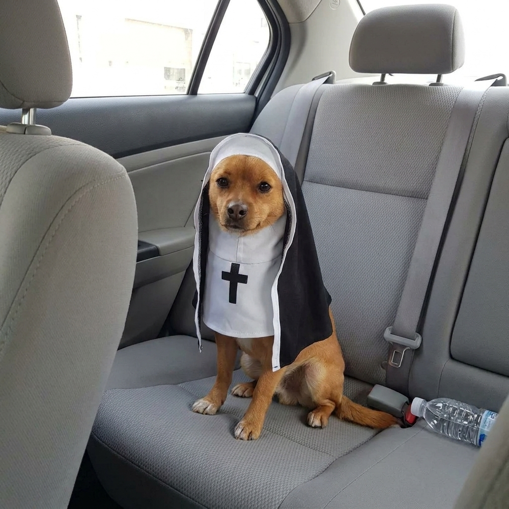 Small tan dog in the Nun costume on the back seat of a car