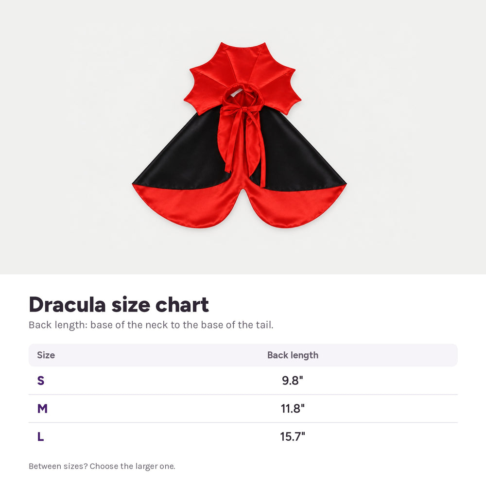 Dracula costume size chart in inches