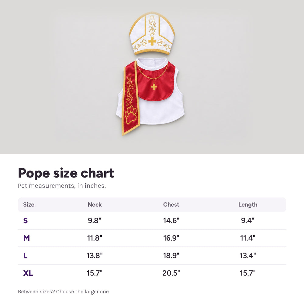 Pope costume size chart in inches